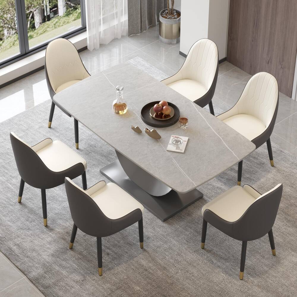 Rectangle Dining Room Table with U-Shape Stainless Steel Pedestal for Kitchen/Living Room