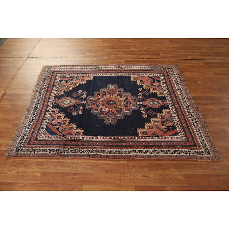 Hand Knotted Oriental 100% Wool Carpet Traditional Medallion Navy Blue & Blues Afshar Area Rug - 5' 2'' X 4' 3''