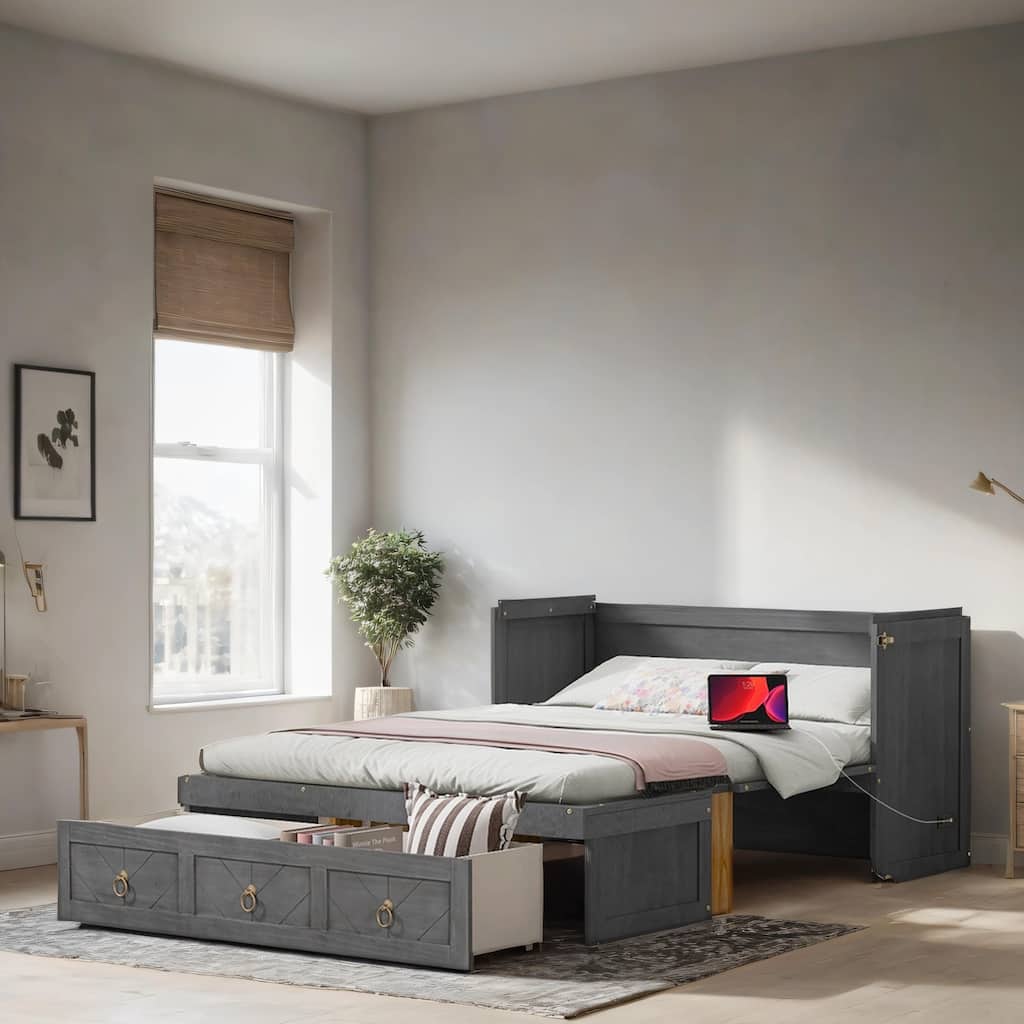 Full Size Wood Murphy Bed with USB Port Module and Drawer