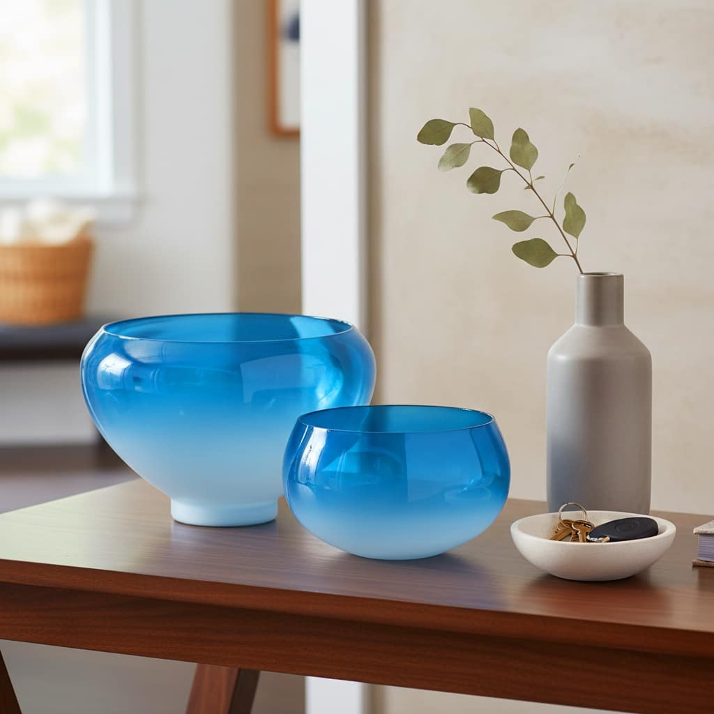 Decorative Glass Ombre Bowl - Home Decor - Set of 2 - 10", 13", Blue - 14.0"