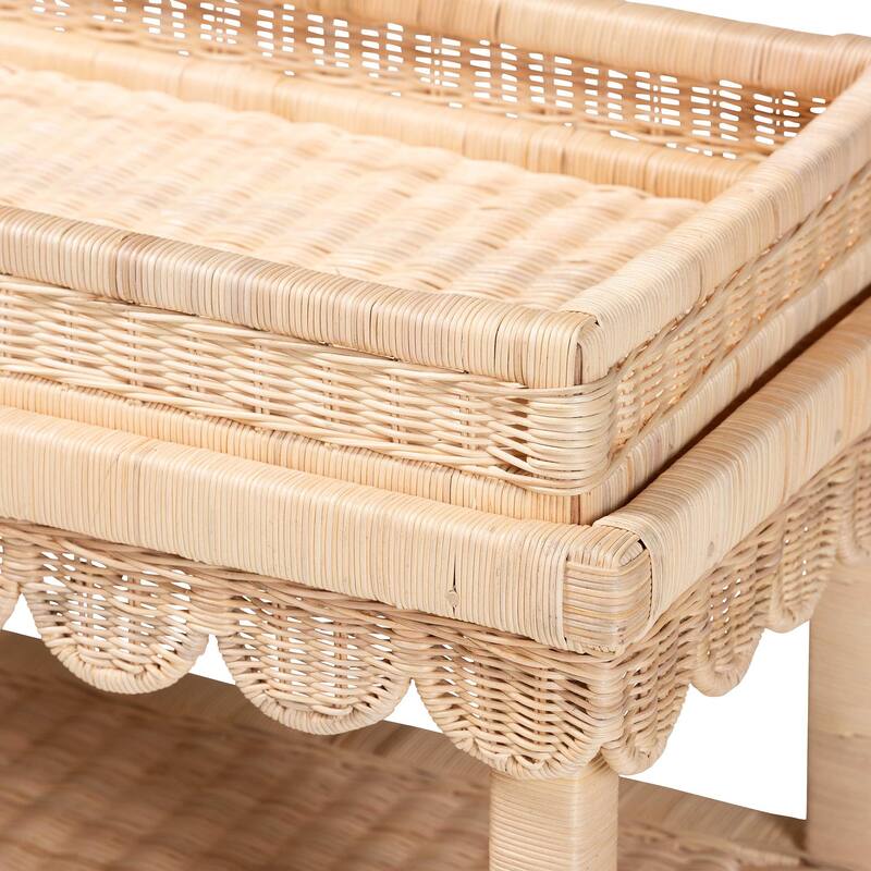 Weyman Scalloped Rattan End Table with Removable Tray Top - Handwoven Rattan Accent Table with Shelf, Coastal Boho Style