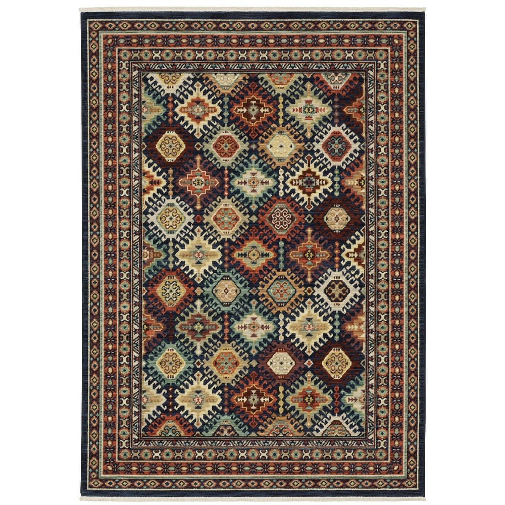 Style Haven Leander Tribal Panel Navy/ Multi Fringed Wool Blend Rug-