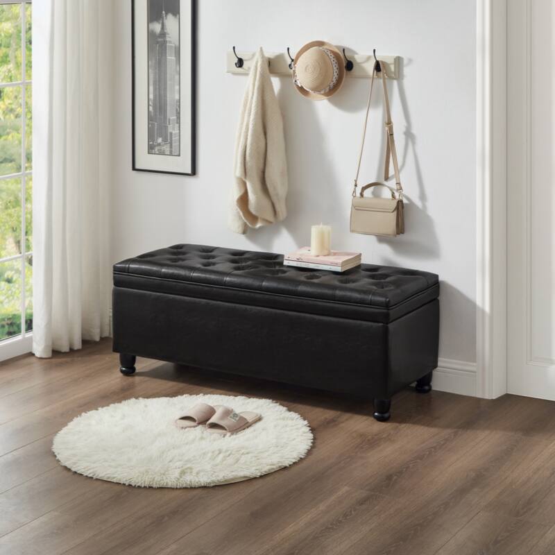 Upholstered tufted button storage bench ,Faux leather entry bench with spindle wooden legs, Bed bench