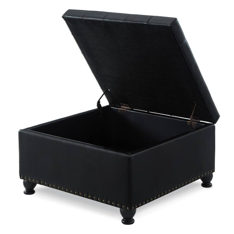 Upholstered Faux Leather Button Tufted Storage Ottoman with Nail Trims