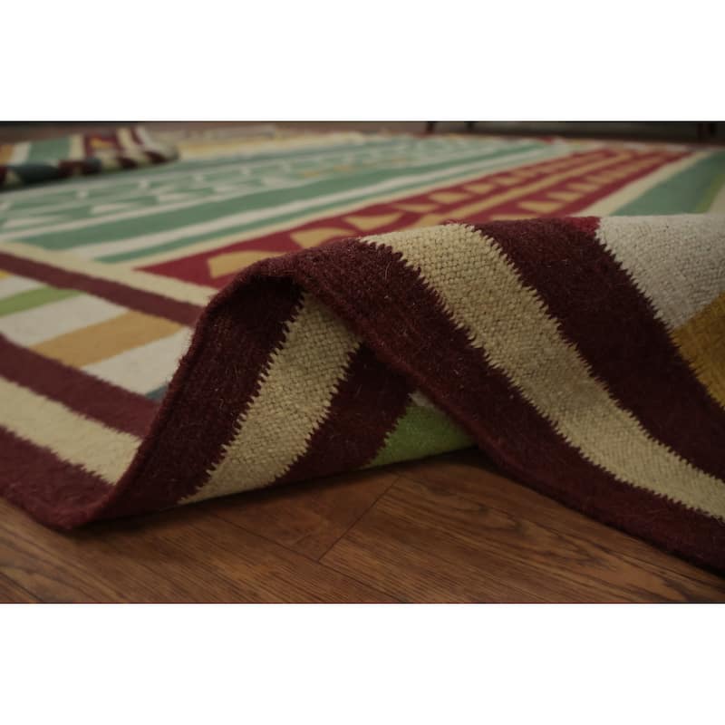 Hand Woven Oriental 100% Wool Carpet Southwestern Tribal Green Kilim Area Rug - 13' 0'' X 9' 9''