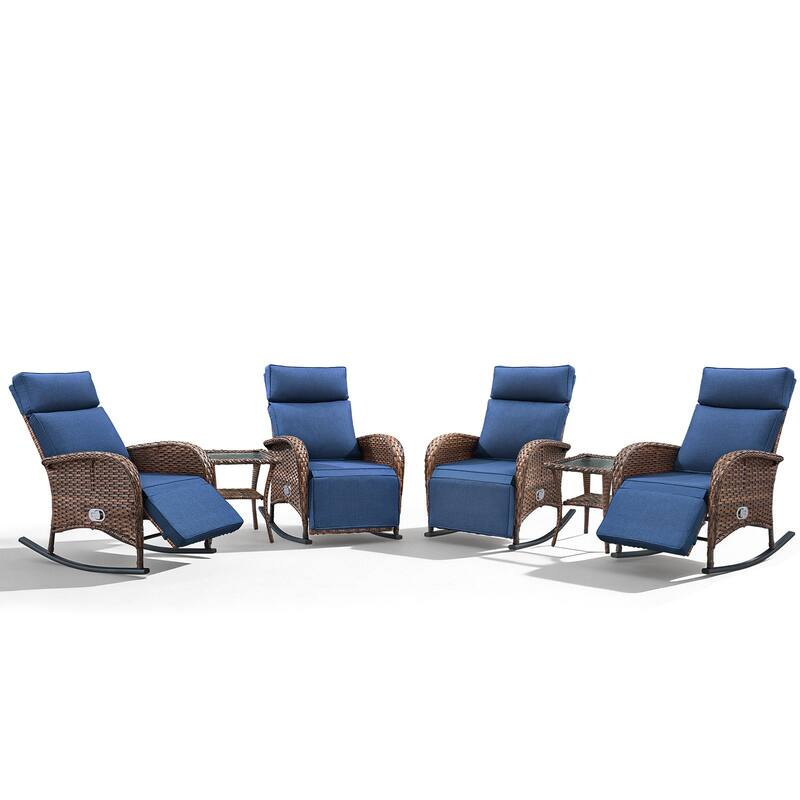 Meyreso 6-Piece Wicker Rocking Reclining Chaise Lounge with Adjustable Backrest & Footrest