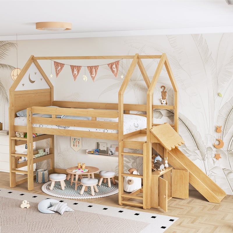 Playful House Bed Starry Moon Cottage Twin Size Loft Bed with Built-in Bookshelves, Reversible Slide and Front & Side Ladders