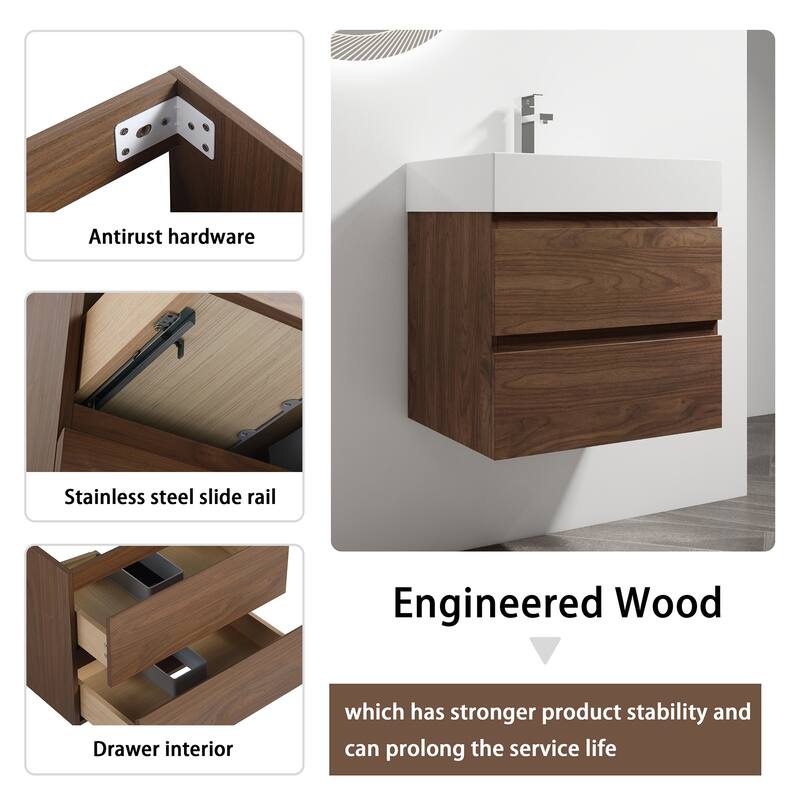 24/30/36 Single Sink Wall-Mounted Bathroom Vanity with Integrated Thick Edge Resin Sink
