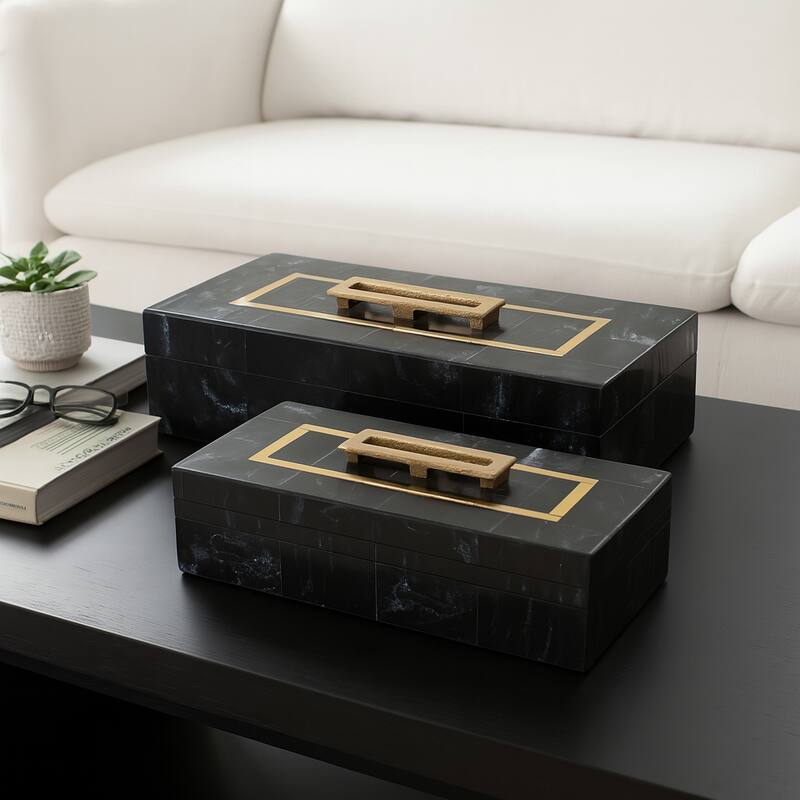Resin Wood Decorative Storage Boxes (Set of 2) - 5" & 4" Black, Gold - 14" x 8" x 4.5"