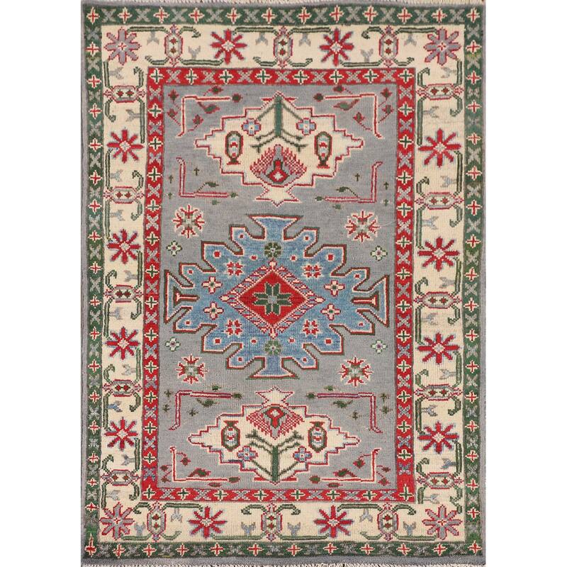 Gray Geometric Kazak Oriental Accent Rug Handmade Bedroom Wool Carpet - 2'9" x 4'0"