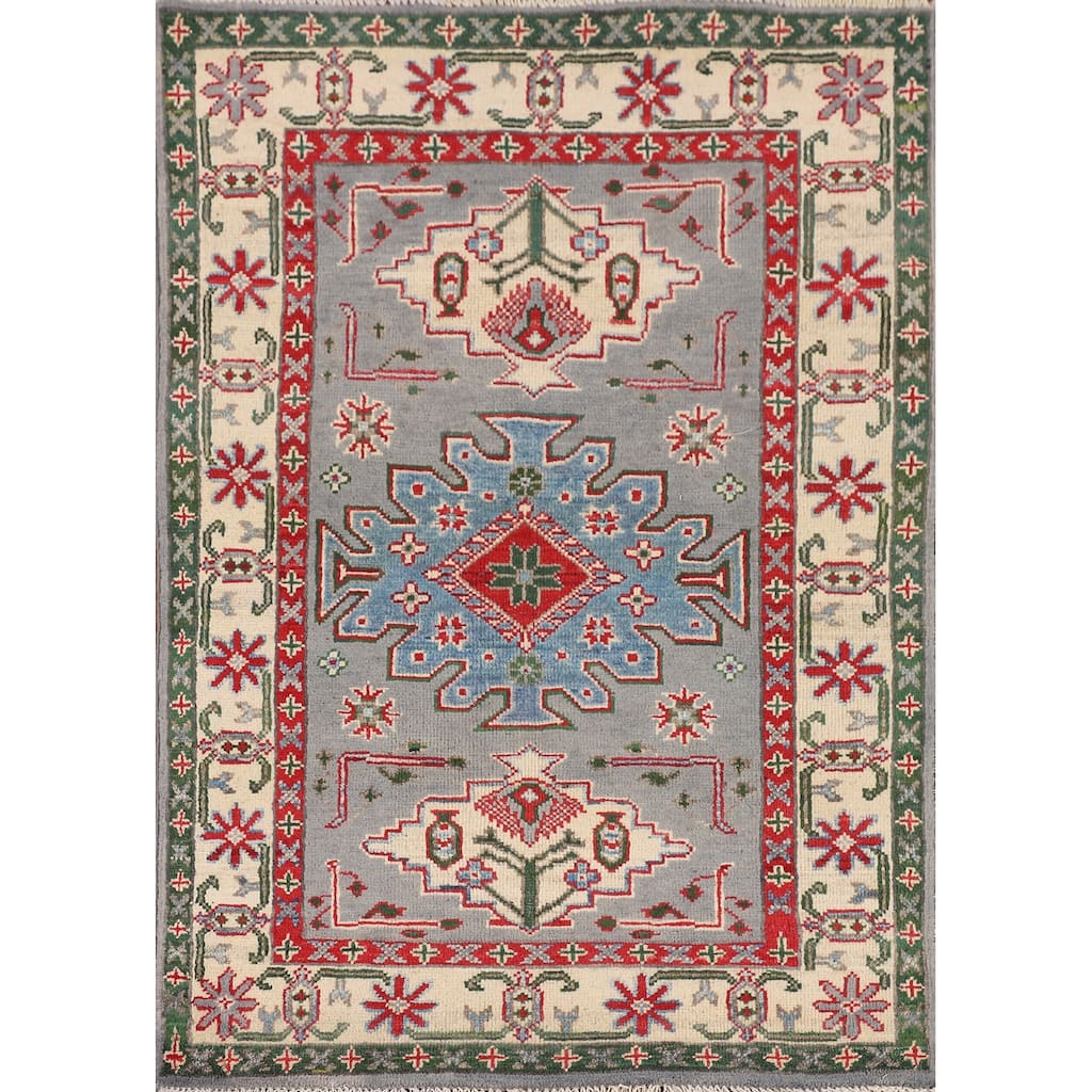 Gray Geometric Kazak Oriental Accent Rug Handmade Bedroom Wool Carpet - 2'9" x 4'0"