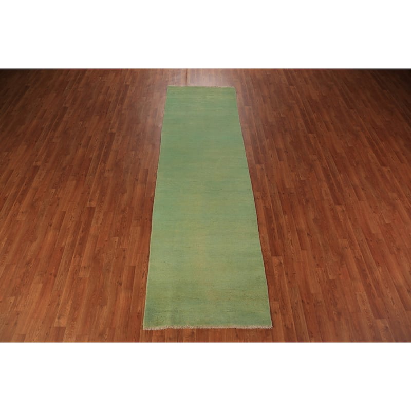 Green Modern Gabbeh Runner Rug Hand-Knotted Wool Carpet - 2'11" x 9'6"