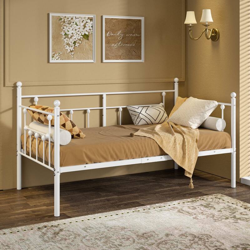 VECELO Roman Column Daybed 79" Iron Frame Space Saving Daybed Set with Rolling Trundle for Guest Teen Room Black or White - Daybed - White