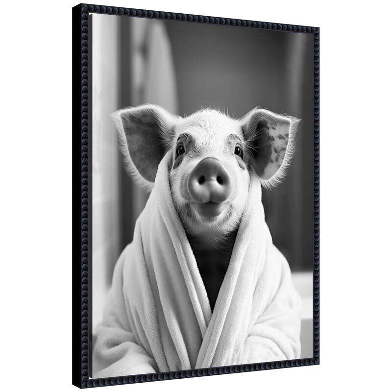 Kate and Laurel Sylvie Pig Bathroom Art Towel Robe Black and White Framed Canvas by The Creative Bunch Studio - 18x24 - Black