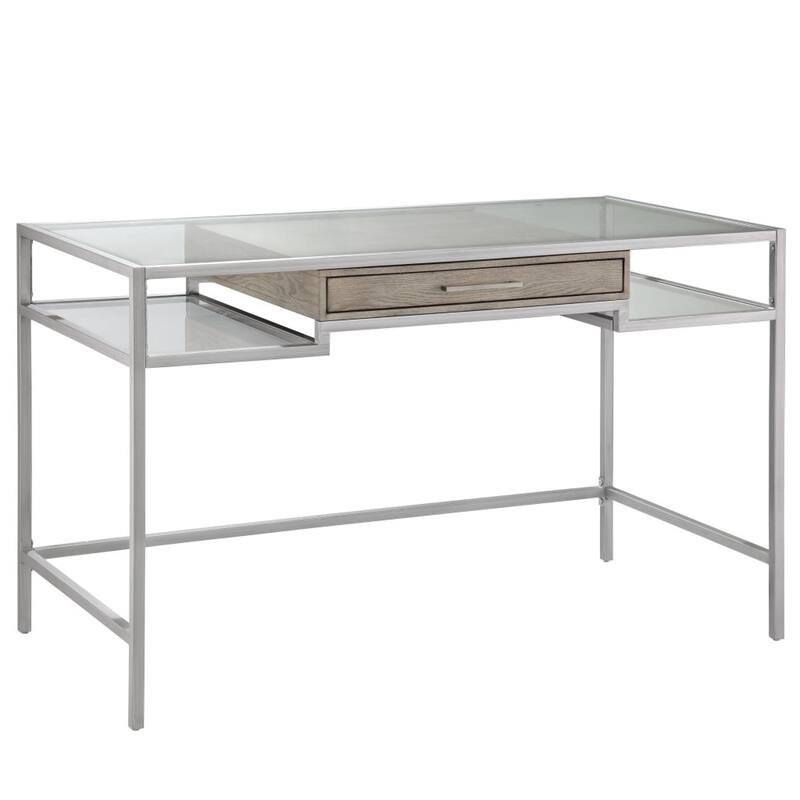 Roomfitters 48-Inch Contemporary Writing Desk, Tempered Glass Top with Antique Brushed Silver Metal Frame