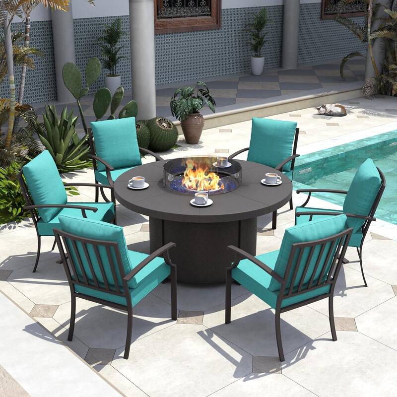 Metal 7 Piece Outdoor Dining Set with Round Fire Pit - 6Chairs + RoundFirepit - Turquoise