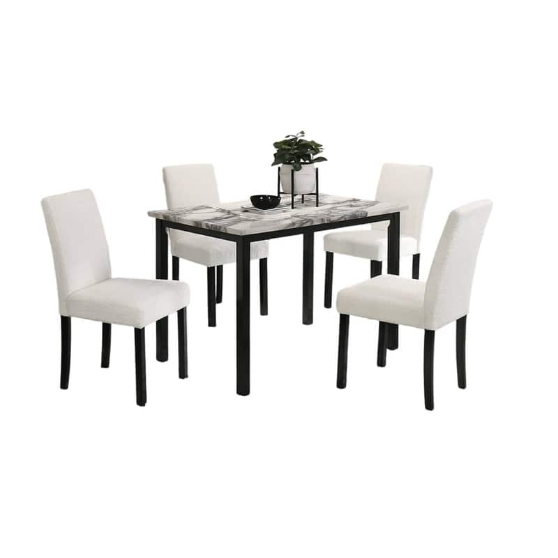 Wool Fabric Chairs Faux Marble Top Table 5pc Dining Set Kitchen Dinette Cushions Upholstered 4x Chairs Dining Room