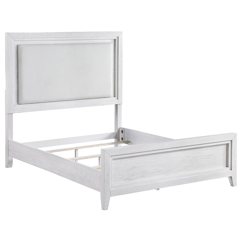 Marielle Eastern King Upholstered Panel Bed in Distressed White with Squared Padded Headboard