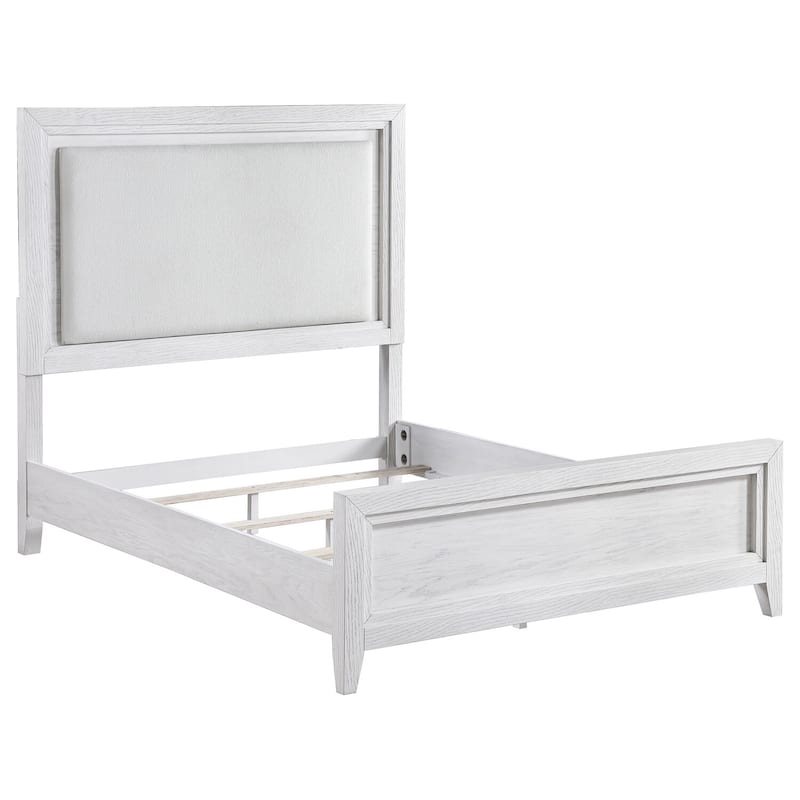 Marielle Queen Upholstered Panel Bed in Distressed White with Clean Monochrome Padded Headboard