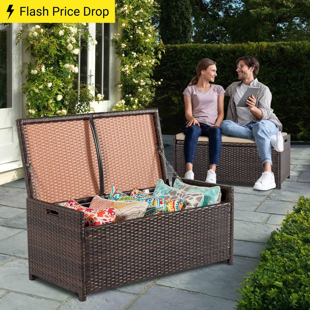 Outdoor Wicker Storage Bench Deck Box, Patio Furniture Pool Container Storage Bin with Seat and Comfortable Cushion
