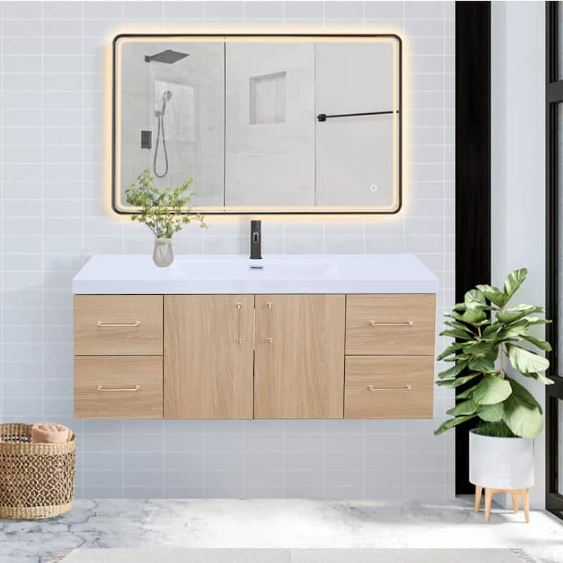 AlbyonD 48" 60" Floating Bathroom Vanity with Sink and Faucet, Natural Oak - 48 in. Vainty & Faucet