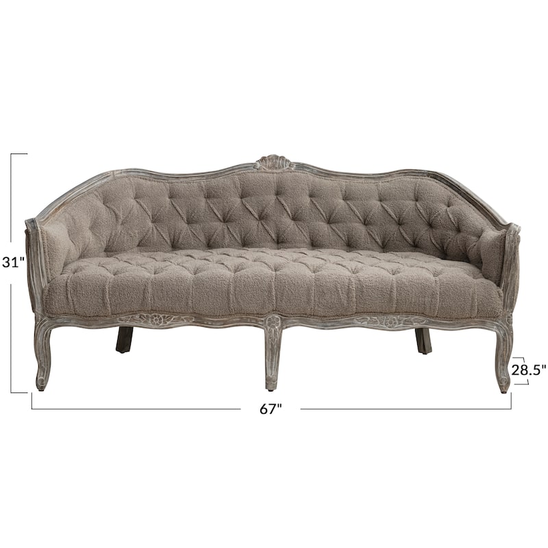 Bouclé Pintucked Sofa with Hand-Carved Mango Wood Frame