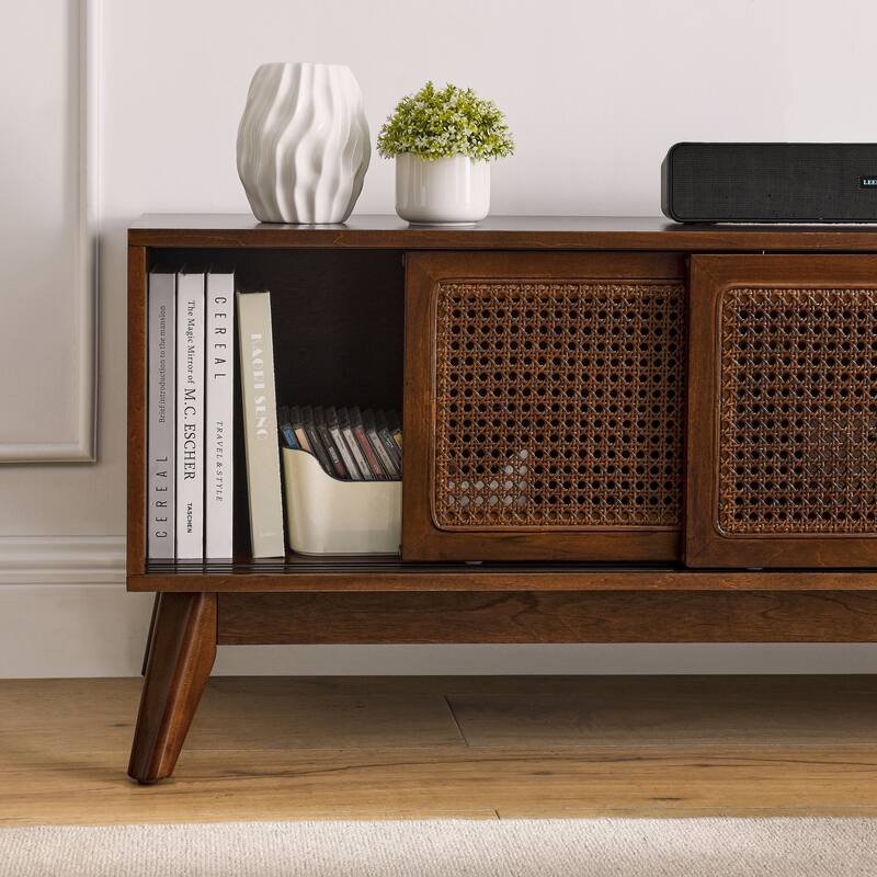 59" Dark Wood TV Stand with Rattan Sliding Doors, Boho Media Console with Solid Wood Legs & Adjustable Feet