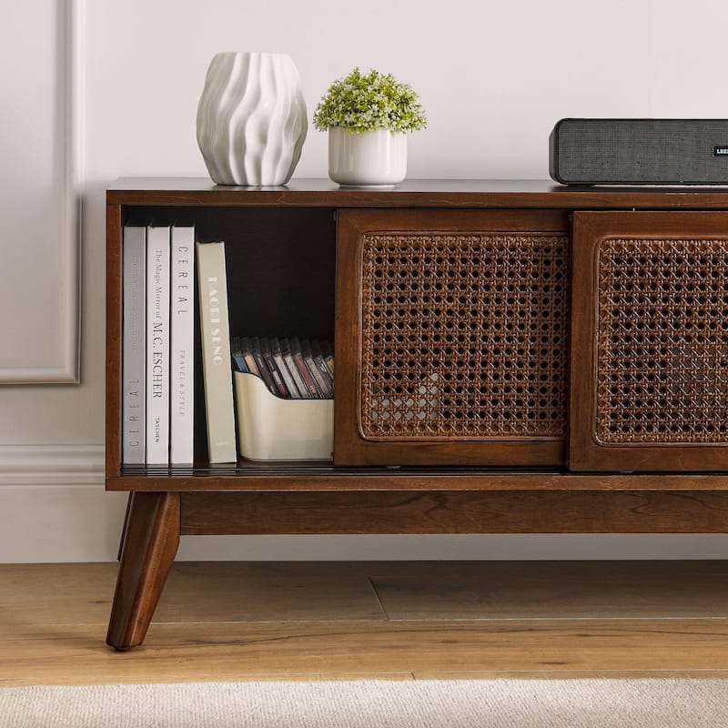 Walnut 59" TV Stand with Open Shelves & Rattan Doors for TVs Up to 65"