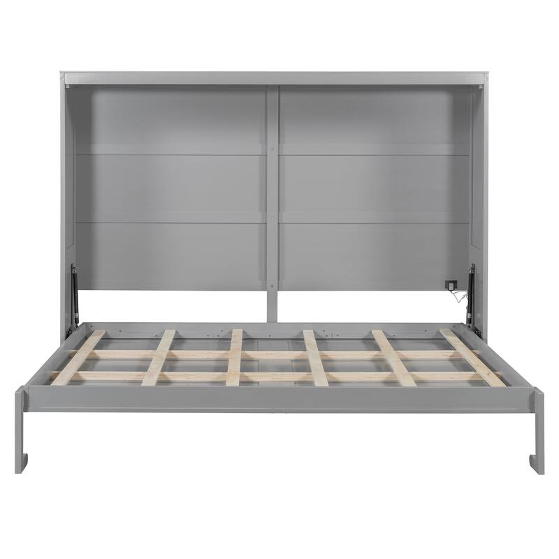 Gray Queen Murphy Bed with LED Lighting, Modern Wall Bed, No Box Spring Needed