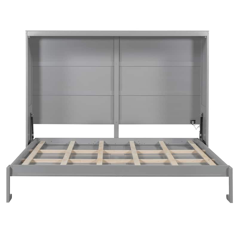 Queen Size Horizontal Murphy Bed Wooden Wall Platform Bed Frame with LED Lights