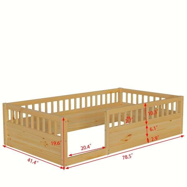 Natural Twin Size Pine Wood Floor Bed Frame with Fence for Bedroom, Playroom, Kids, Boys and Girls