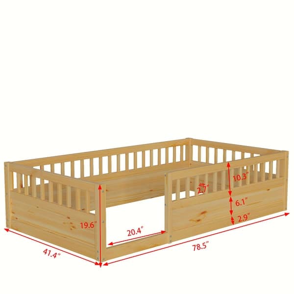 dimension image slide 1 of 3, Twin Floor Bed Frame with Safety Fence for Kids' Bedroom & Playroom, Natural
