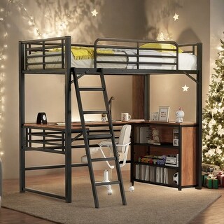 Twin Size Metal Loft Bed with 3 Layers of Shelves and L-shaped Desk for Home