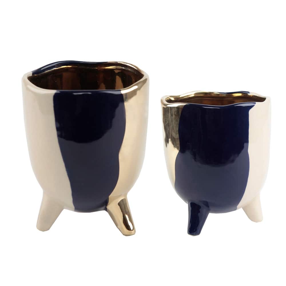 Set of 2 4"&3" Metalic 3-TONE FOOTED CERAMIC Pot