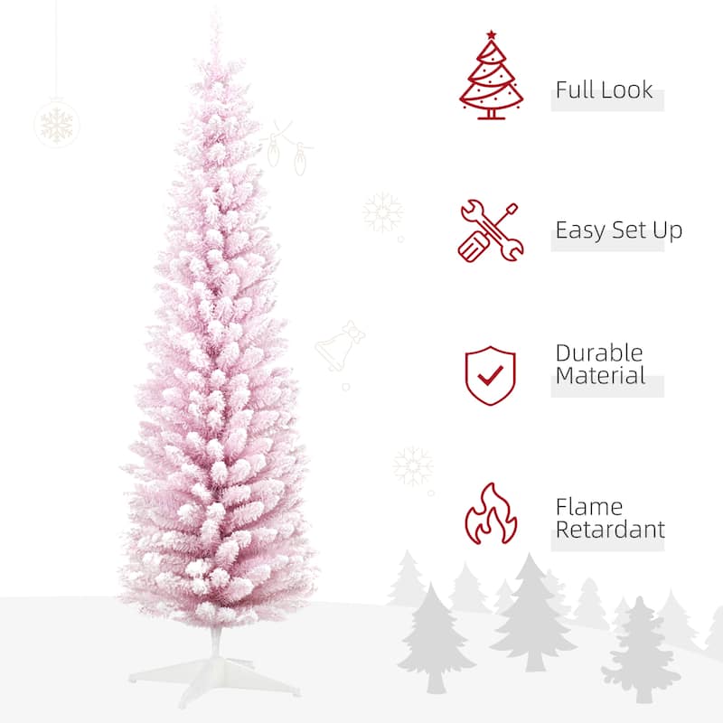 HOMCOM 7' Snow Flocked Artificial Pencil Christmas Tree, Slim Xmas Tree Pink