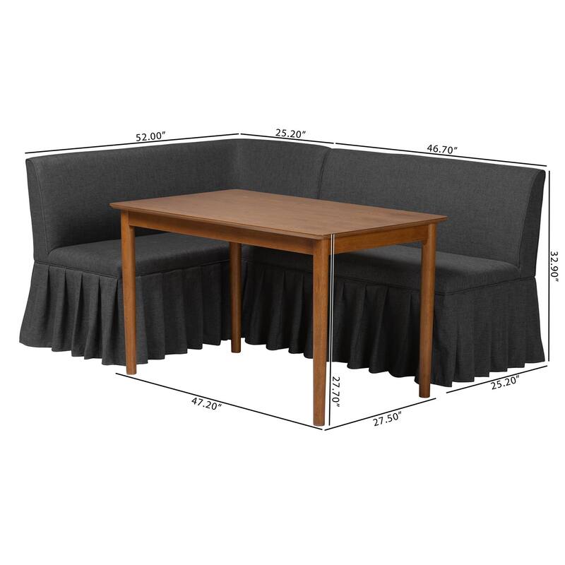Richard 3-Piece Fabric Upholstered Dining Nook Set - Corner Kitchen Banquette with Skirted Base, L-Shaped Breakfast Nook