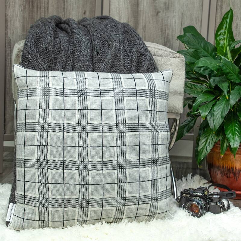 20” Charcoal Gray and Black Knitted Plaid Square Throw Pillow