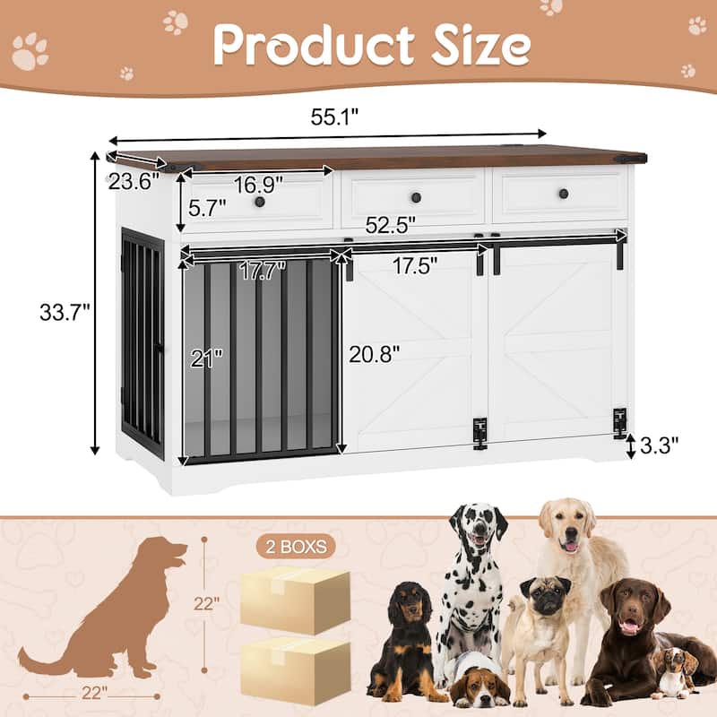 55.1" Dog Crate Furniture, Indoor Dog Kennel with 3 Storage Drawers, Farmhouse Dog Crate