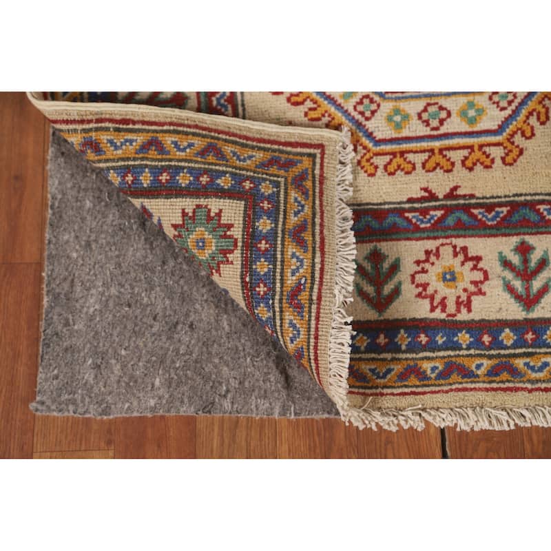 Geometric Kazak Runner Rug Hand-Knotted Yellow Wool Carpet - 2'10" x 13'0"