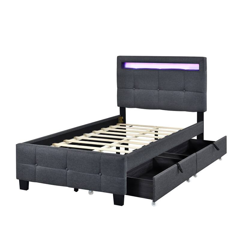 Twin Size Linen Upholstered Platform Bed with LED and 2 Drawers
