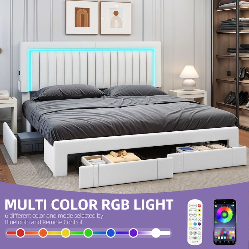Velvet Upholstered Platform Bed Frame with Adjustable Headboard and 4 Storage Drawers & RGB LED Lights