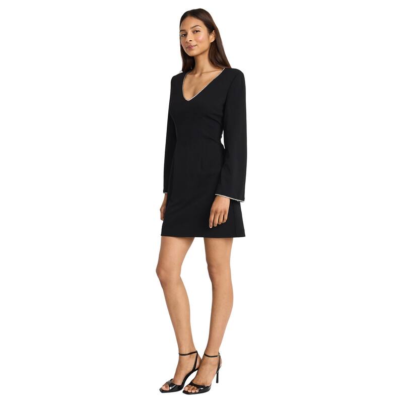 Women's Long Sleeve V-Neck A-Line Dress - 2 - Black