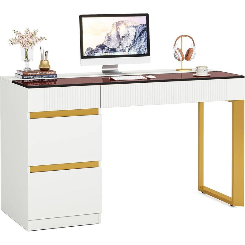 Tinted Glass Computer Desk with 4 Drawers