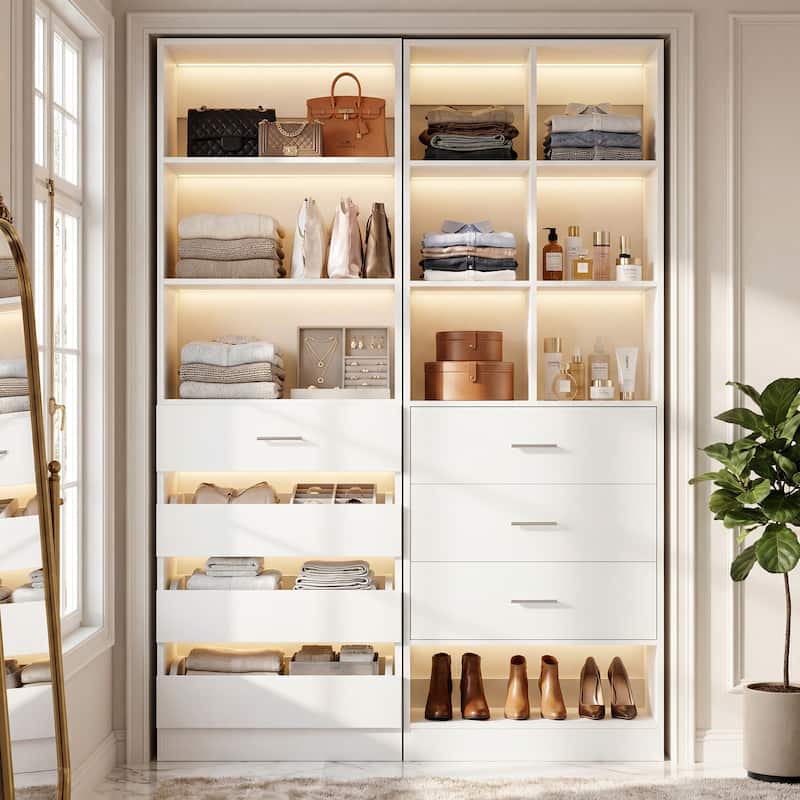 Set of 2 Closet System with 7 Wooden Drawers ＆ 4 Hanging Rods, Heavy Duty Walk-in Closet Organizer System with Shelves
