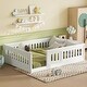 preview thumbnail 1 of 11, Full Size Floor Bed with Heightened Safety Guardrails and Door, Solid Wood Bedframe with Rails White