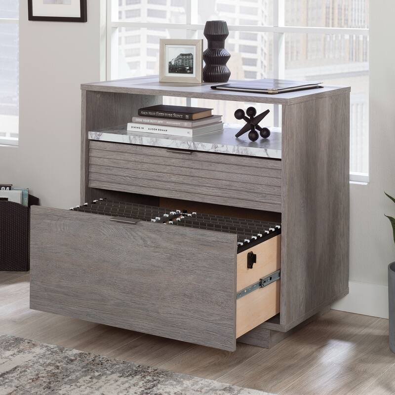 Gray 2-Drawer Lateral File Cabinet for Letter Legal Files with Marble Accent Top