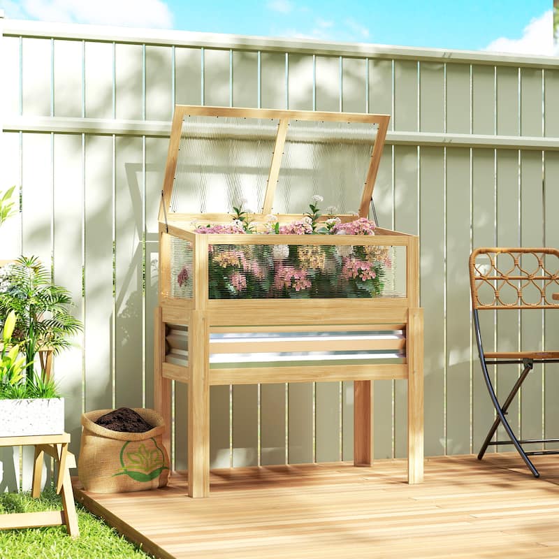 Outsunny Wooden Raised Garden Bed with Flip-Up Greenhouse Top, Raised Garden Bed with Legs and Bed Liner - ND