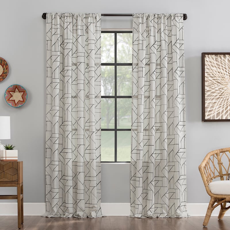 Archaeo Jigsaw Embroidery Linen Blend Curtain, Single Panel - 50 x 95 - Black/Linen
