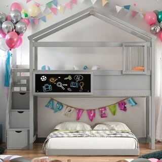 Twin over Full House Bunk Bed with Storage Staircase and Blackboard ...