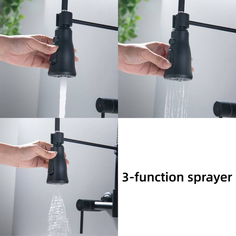 Modland Wall-Mounted Kitchen Faucet with Pull Down Sprayer 3-Function in Brushed Gold/Matte Black